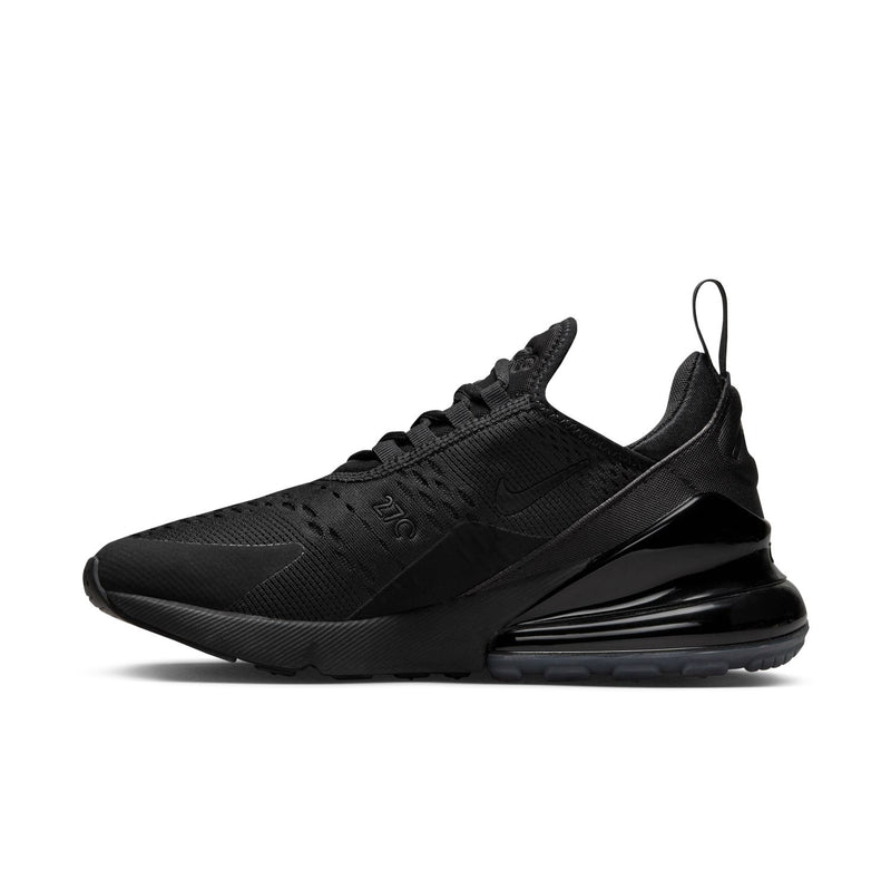 Women's black Nike Air Max 270 lace-up sneaker, angled side view