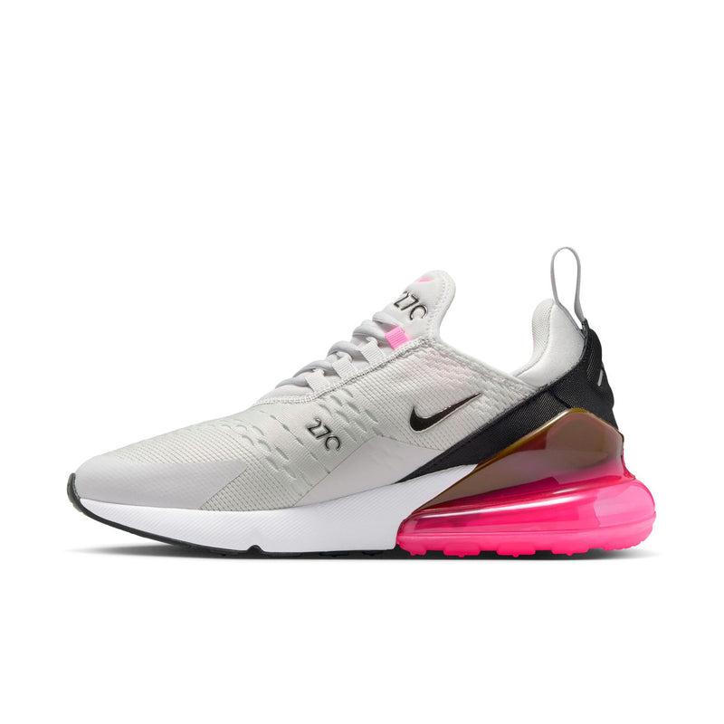 Women’s Nike Air Max 270 sneakers side view, light gray mesh with pink Air sole