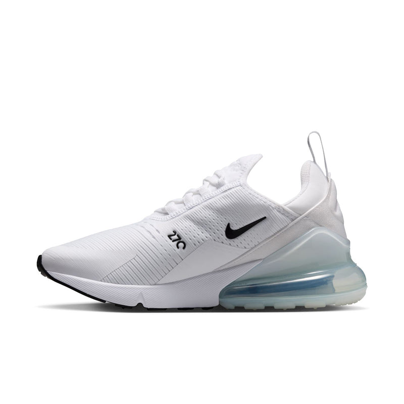 Women’s Air Max 270 sneakers, white mesh upper with black Swoosh and air midsole