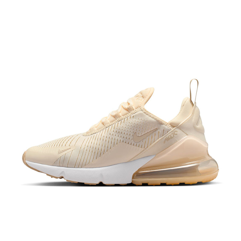 Women’s Air Max 270 sneaker side profile in cream, stretchy knit and air-sole