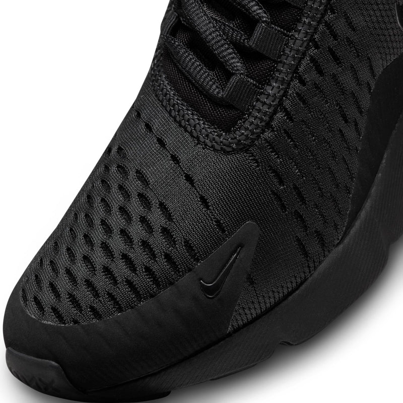 Women's black Nike Air Max 270 upper close-up, textured knit and stitched overlays