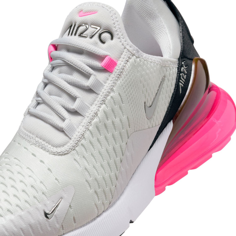 Women’s Nike Air Max 270 close-up: light gray knit, pink lace accents, “270” on tongue