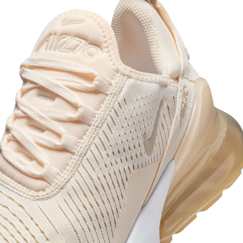 Women’s Air Max 270 close-up of toe and laces in cream with textured knit pattern