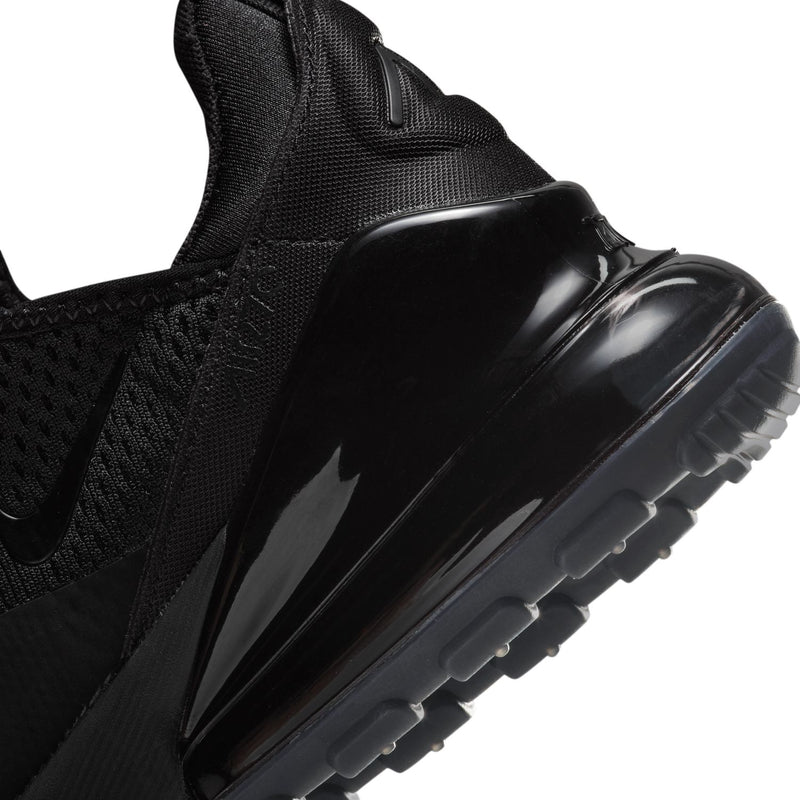 Women's black Nike Air Max 270 heel close-up, glossy panel and air unit sole