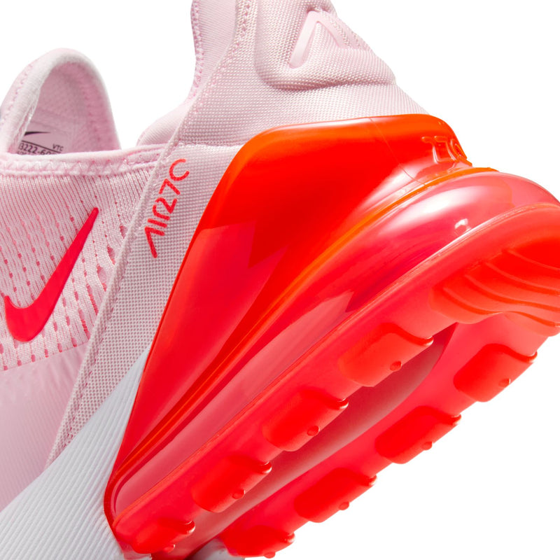 Close-up of light pink sneaker with red Air unit and 270 branding