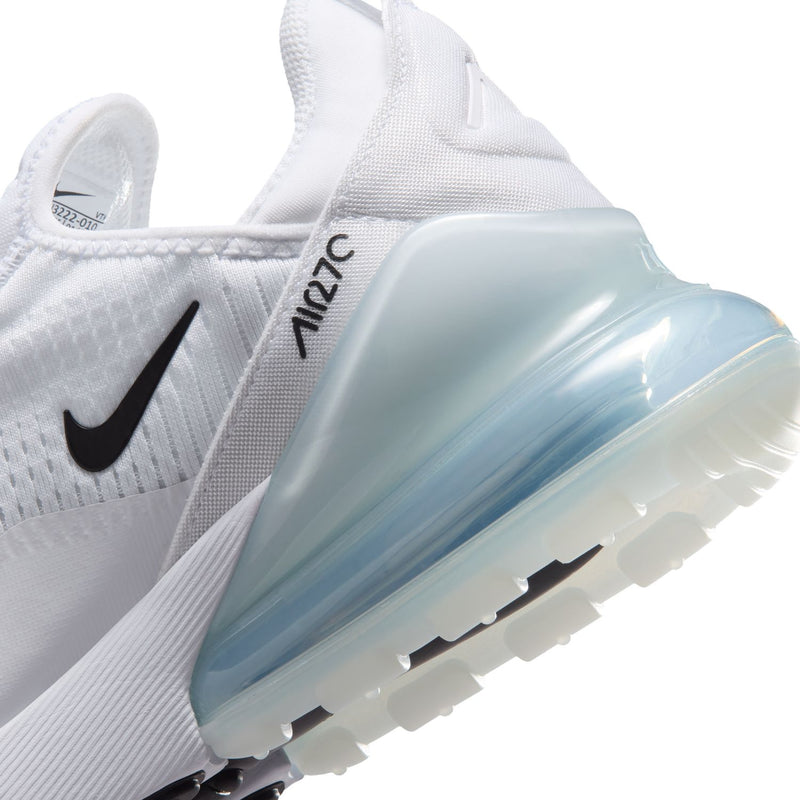 Close-up of Air Max 270 side showing white knit, black Swoosh, and blue air window