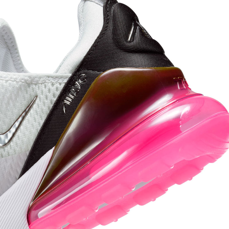 Women’s Nike Air Max 270 close-up: pink translucent Air unit with black collar and trim