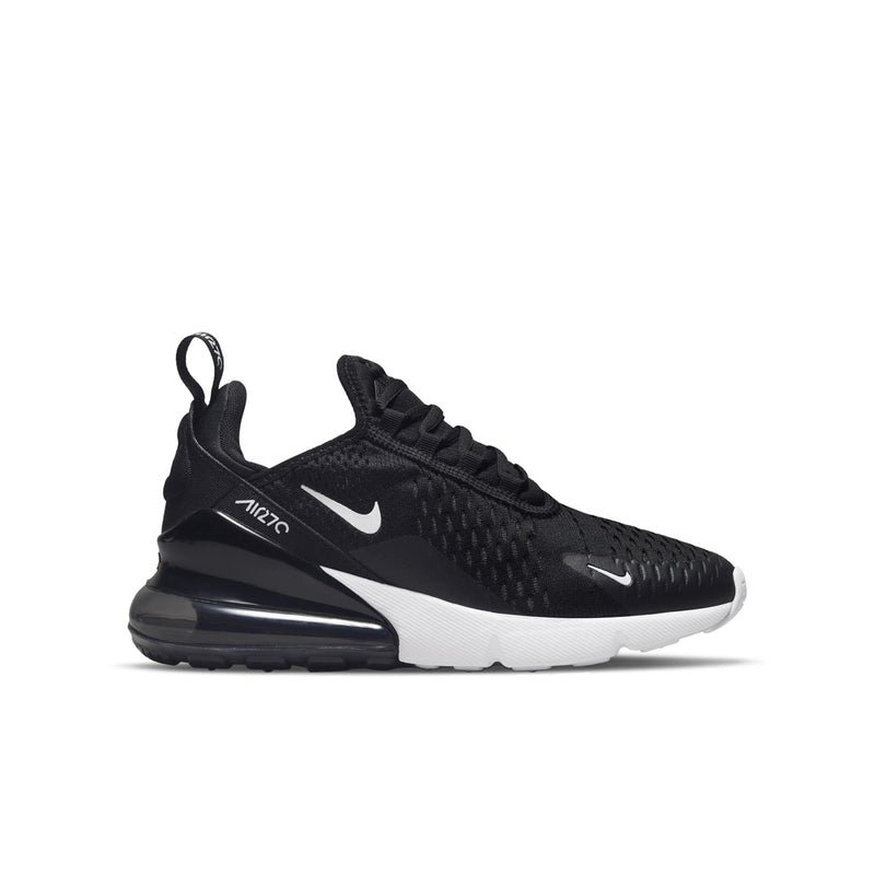 Youth Air Max 270 sneakers, black knit upper with white swoosh and Air unit