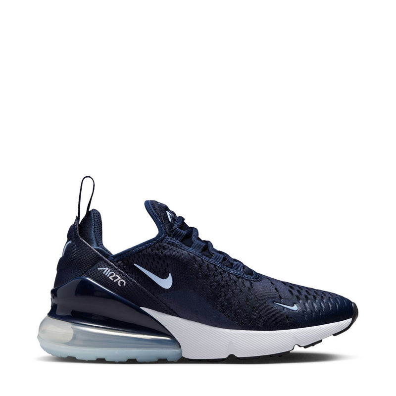 Youth Air Max 270 sneakers in dark navy, white midsole, visible Air heel