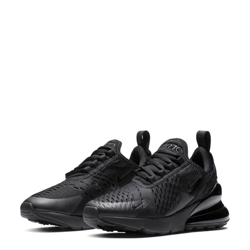 Youth Air Max 270 sneakers pair, black perforated upper with swoosh accents and air sole