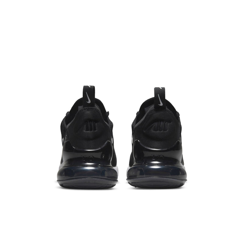 Back view youth Air Max 270 sneakers in glossy black with visible Air heel unit