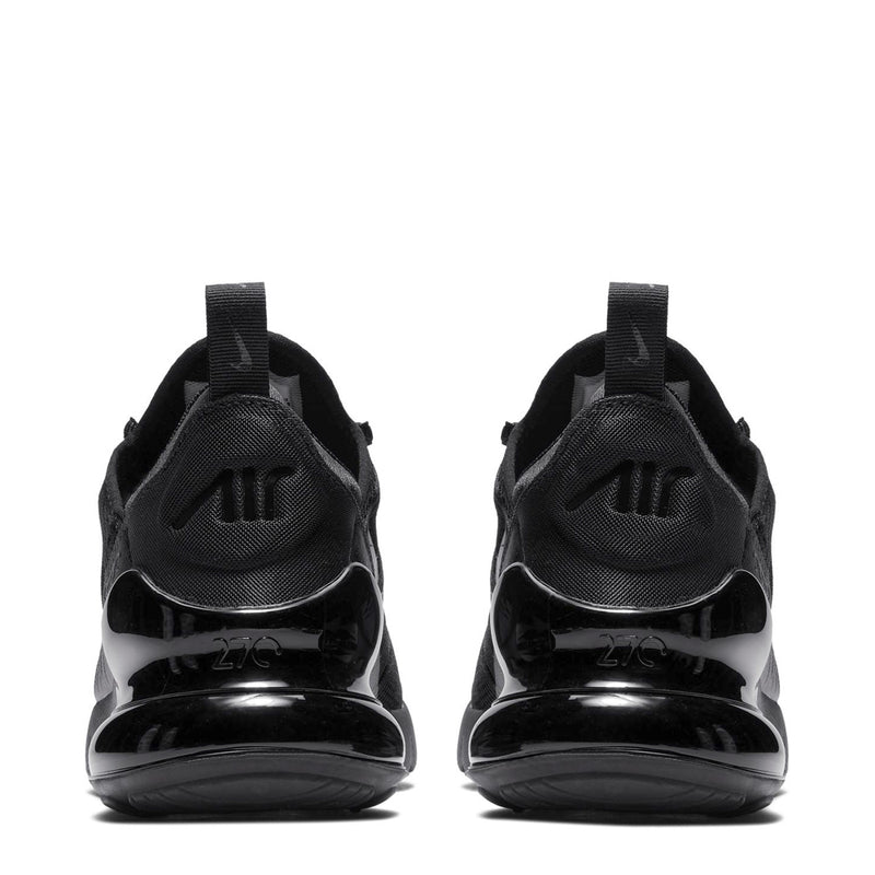 Youth Air Max 270 sneakers heel view, black with Air branding and cushioned midsole