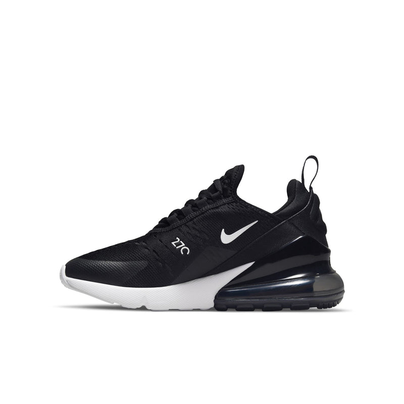 Youth Air Max 270 low-top sneakers, black mesh knit with white midsole and Air pod