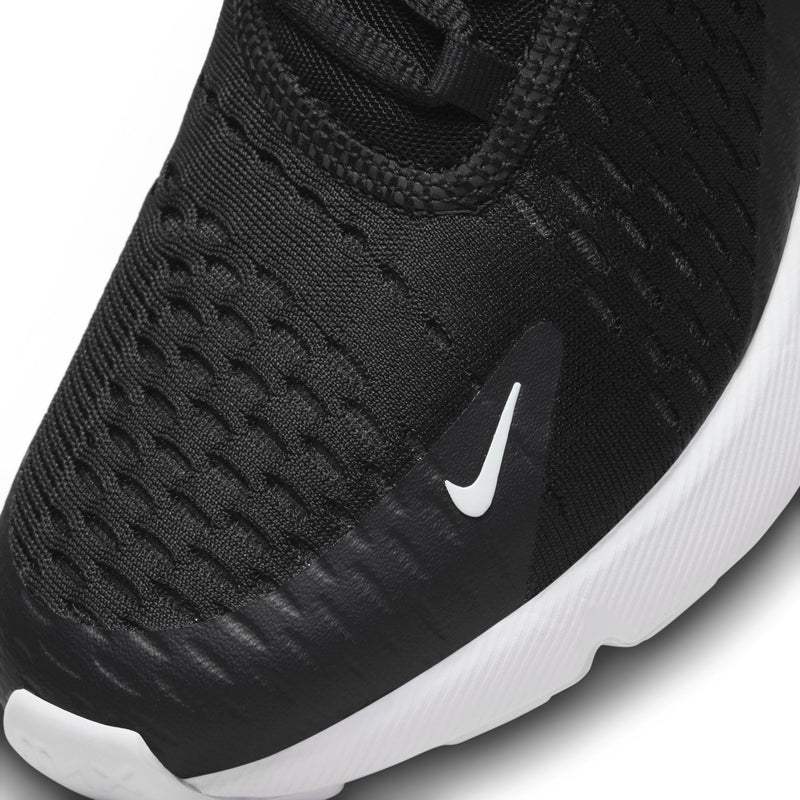 Close-up of black Air Max 270 knit upper with white Nike swoosh