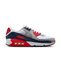 Men's Air Max 90 sneakers, white and gray with red accents and navy panels