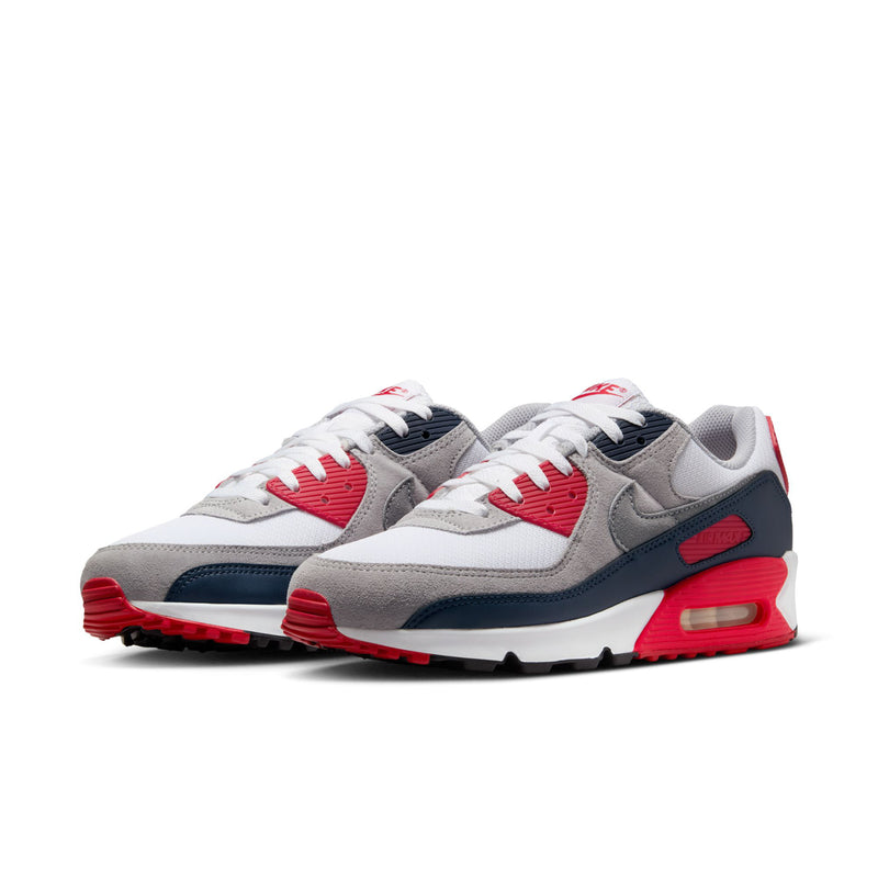 Air Max 90 sneakers in white with gray and red, navy side stripe