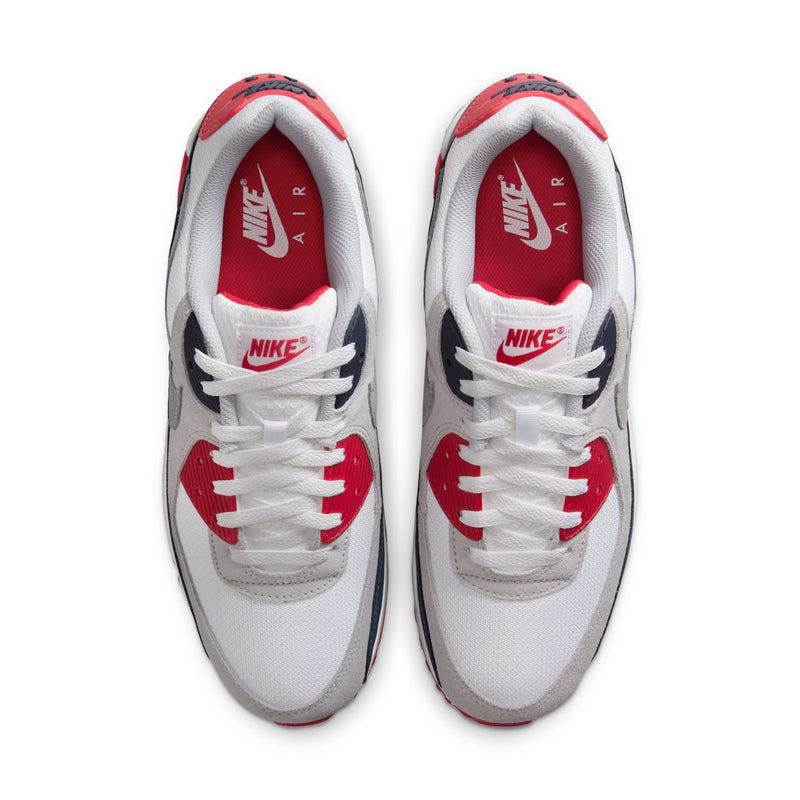 Air Max 90 sneakers with white laces and red Nike Air insole
