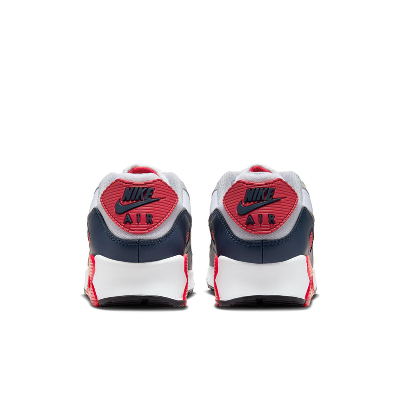 Air Max 90 sneakers with gray heels, navy counters, and red AIR badge