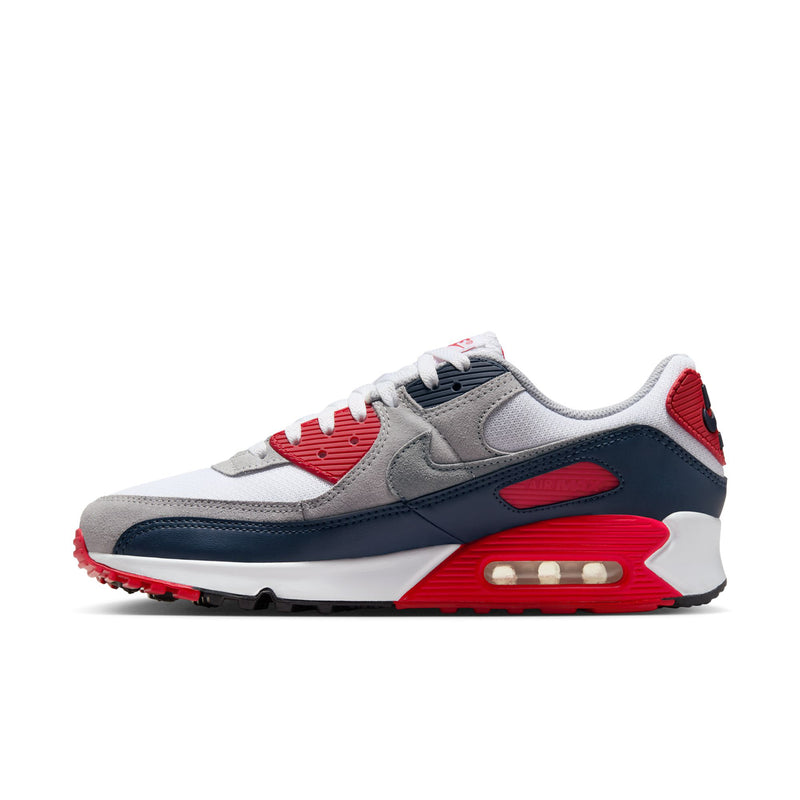 Air Max 90 sneakers, light gray upper with navy swoosh and red air unit