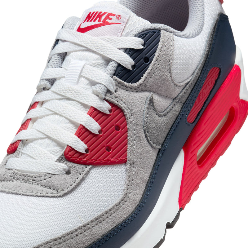Air Max 90 upper in white mesh with gray suede, red heel tab and laces