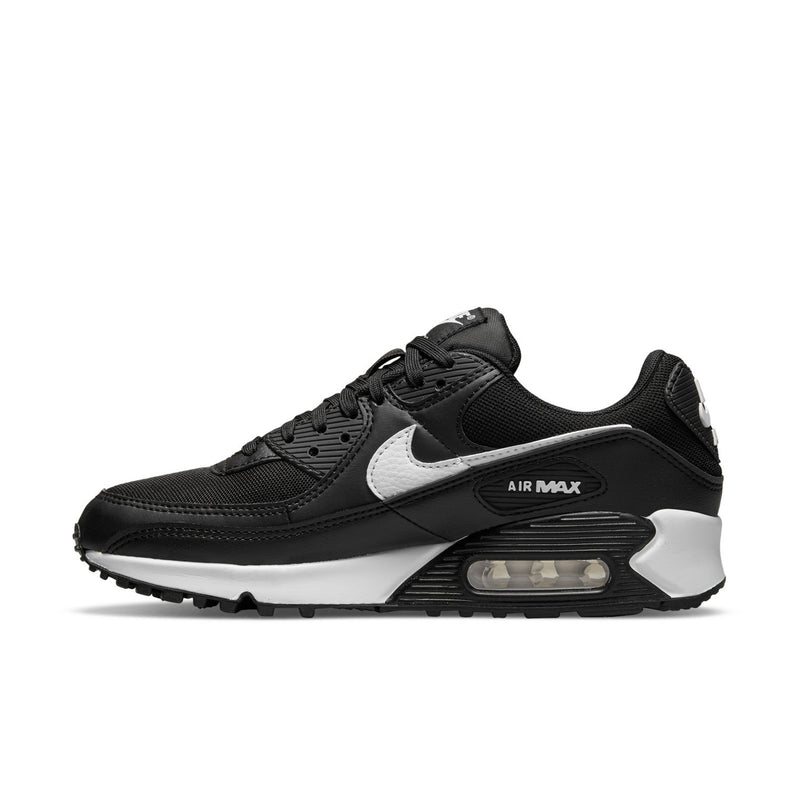Women's Air Max 90 sneaker profile, black upper with white swoosh and visible air window.