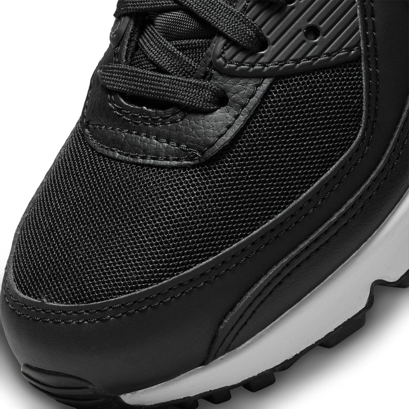Women's Air Max 90 sneaker in black mesh with lace-up and stitched overlays, white sole.