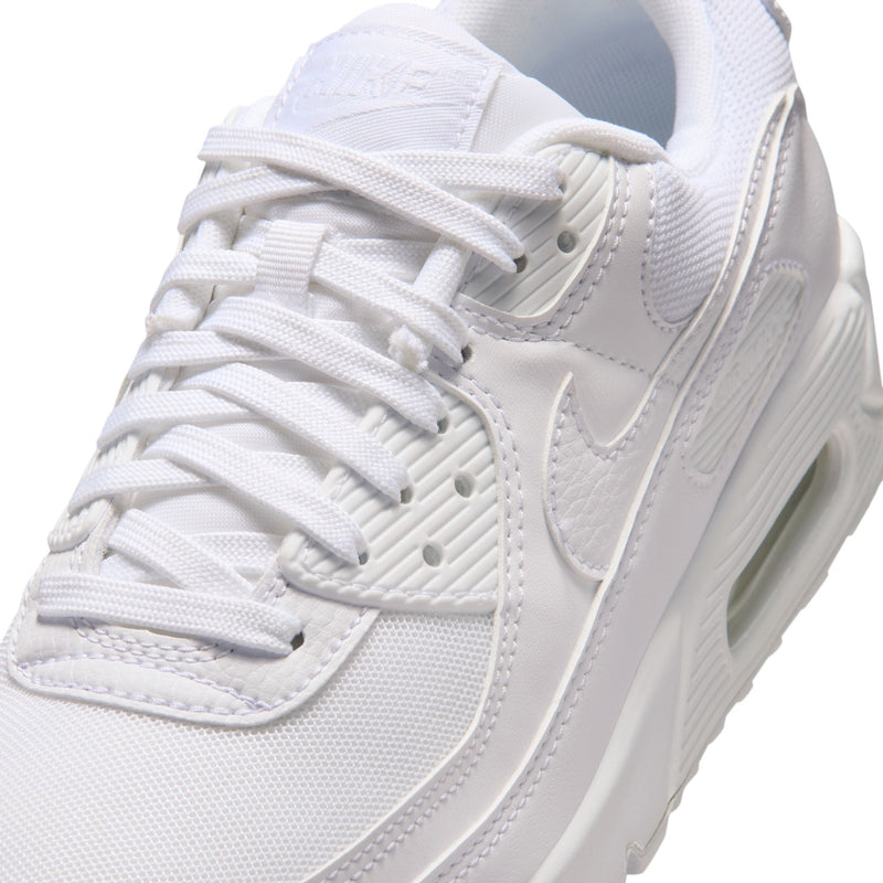 White lace-up sneaker upper with stitched Swoosh and textured toe panel