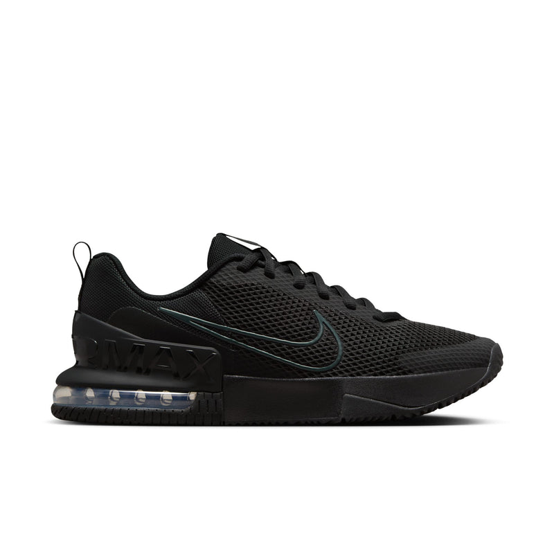 Black mesh men’s training shoes with swoosh detail and blue-tinted air sole unit