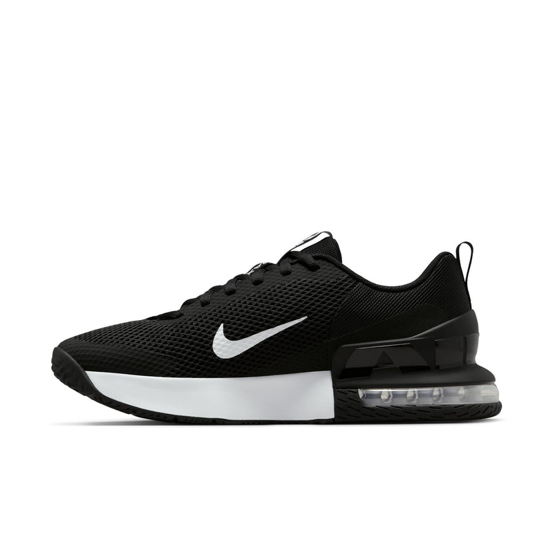 Men's black training sneaker with white swoosh and visible Air Max sole