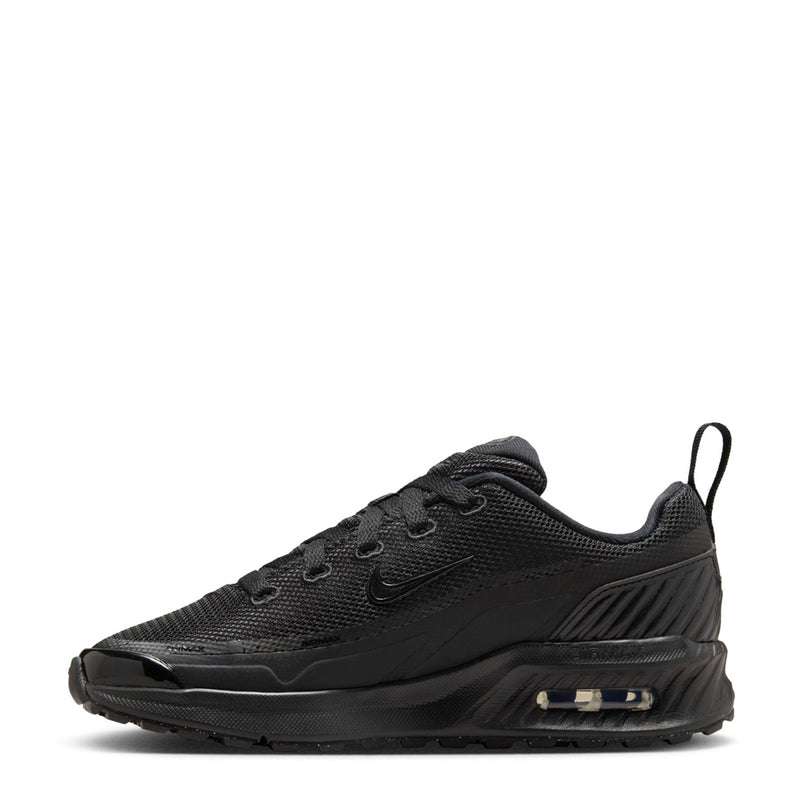 Black youth Nike Air Max Bia sneakers, side profile with swoosh and laces