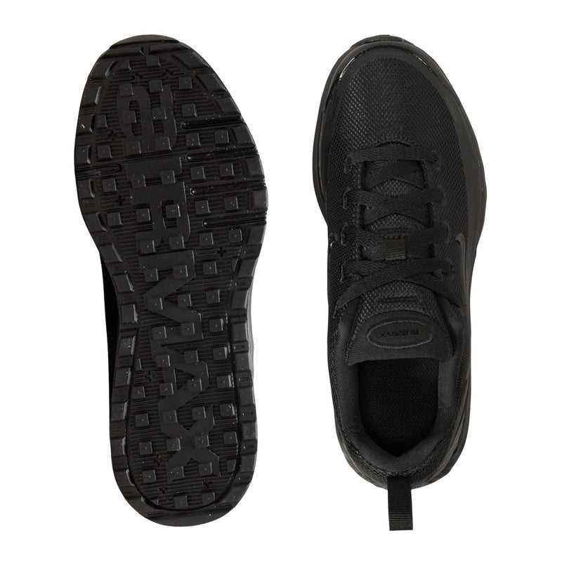 Black youth Nike Air Max Bia sneakers, outsole tread and open collar view