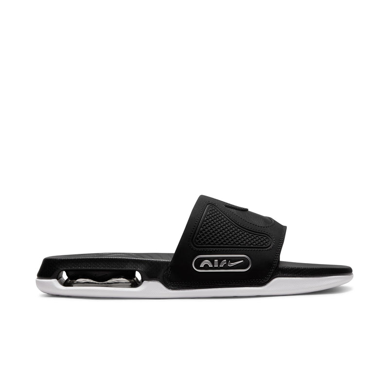 Black men's Nike slide sandals with textured strap, swoosh logo, and Air window