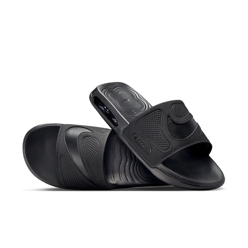 Black slide sandals, one-piece strap with wavy midfoot texture