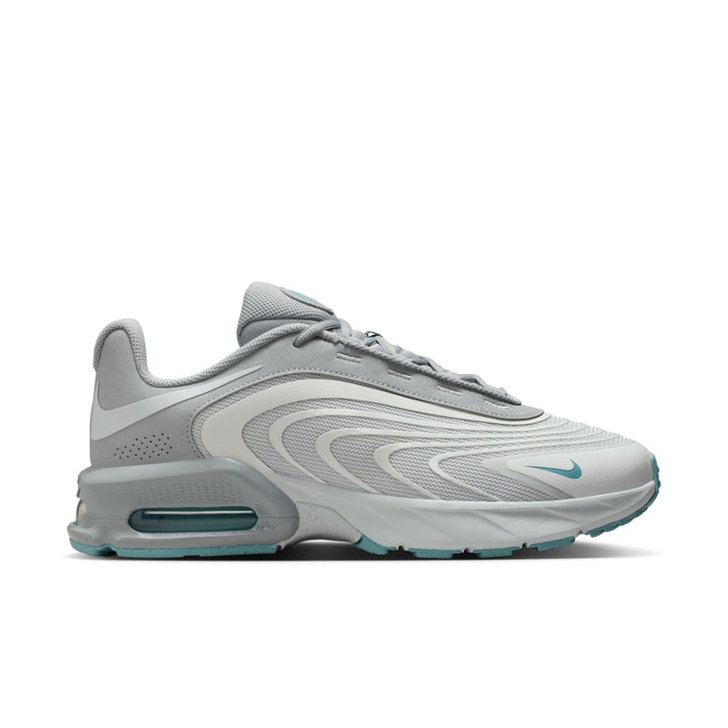 Men's gray running sneakers with teal Air Max heel and side swoosh