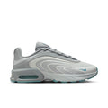 Men's gray running sneakers with teal Air Max heel and side swoosh