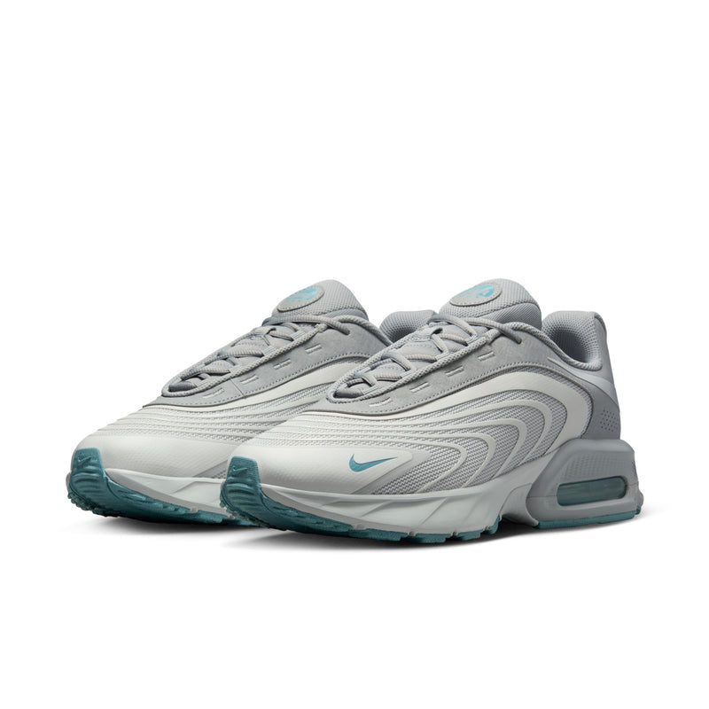 Men's gray and teal lace-up running sneakers, side view with Air Max sole
