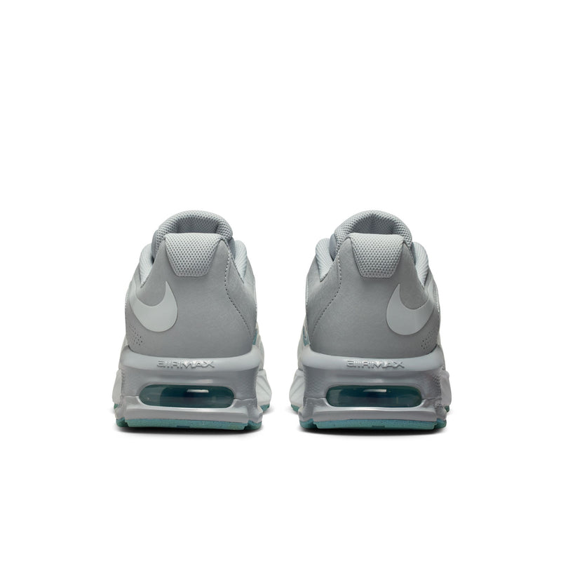 Men's gray running sneakers from back view with teal Air Max heel pods