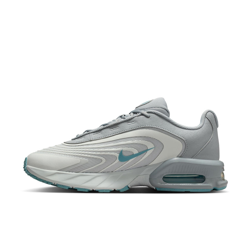 Men's gray running sneakers, angled front view with teal outsole and swoosh