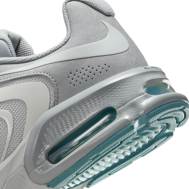 Close-up of men's gray Air Max heel unit with teal-tinted air window