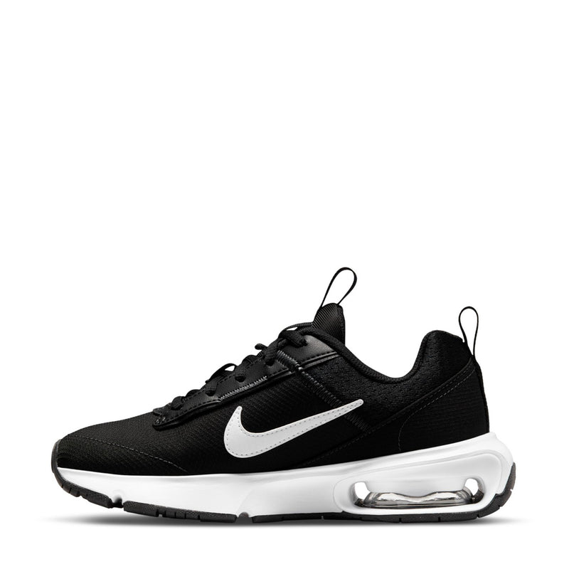 Youth Nike Air Max sneaker, black knit upper, white swoosh, white midsole Air unit