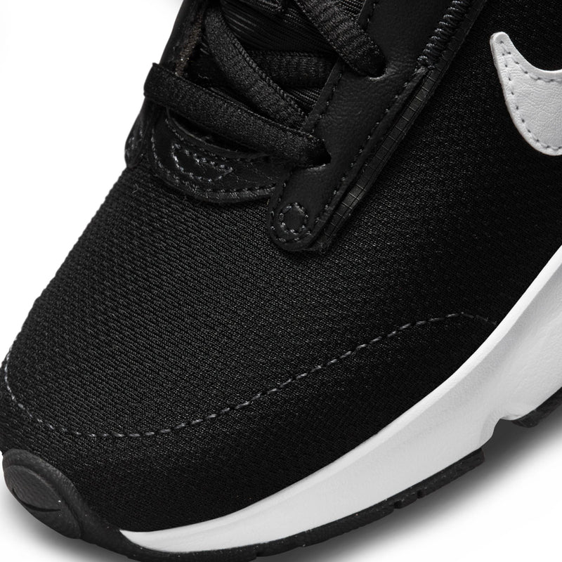 Youth Nike Air Max sneaker toe and lace area, black textured knit with white side panel