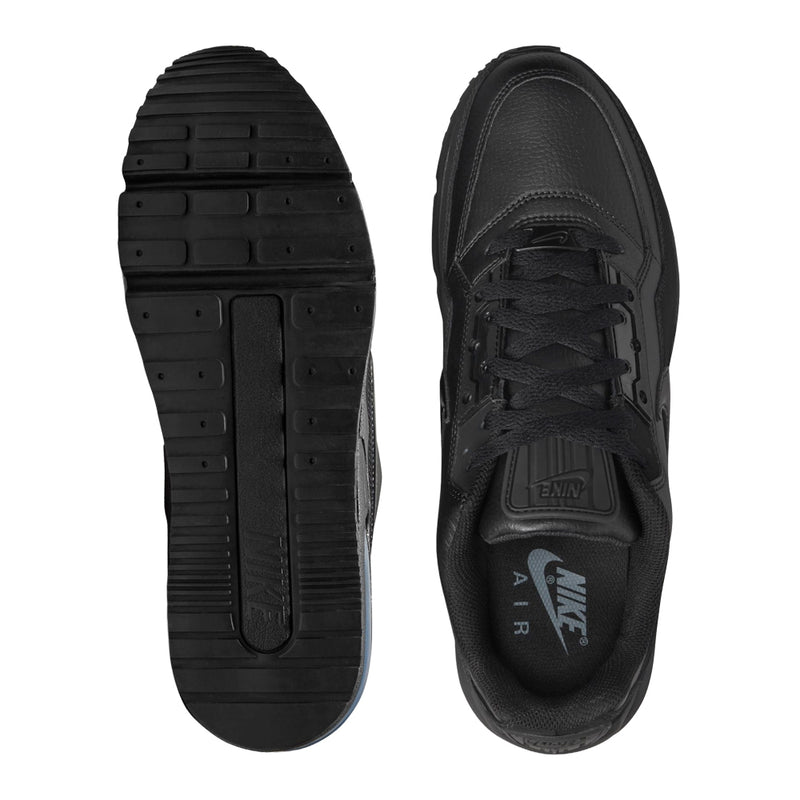 Black Air Max sneaker outsole and inner heel, showing tread and lace collar.