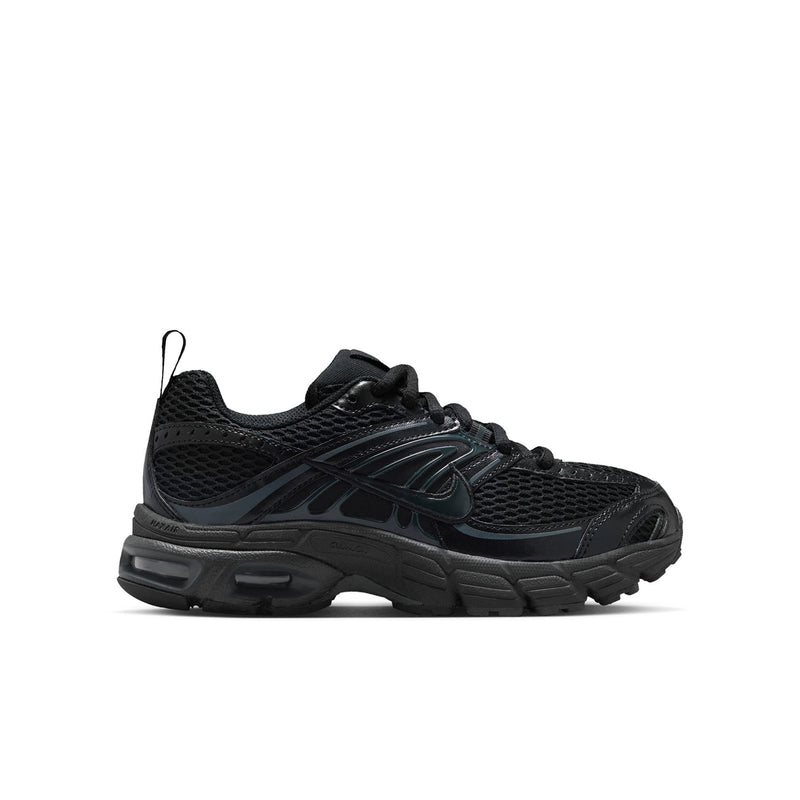 Youth black running sneakers with swoosh logo and mesh upper