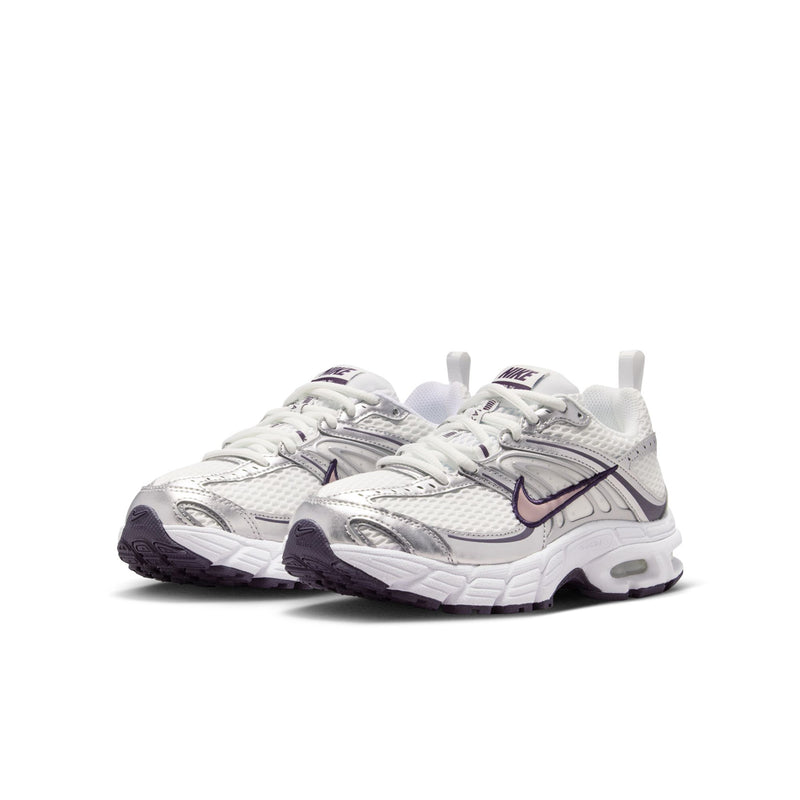 Youth running shoes in white with purple accents, laces, and thick cushioned midsole