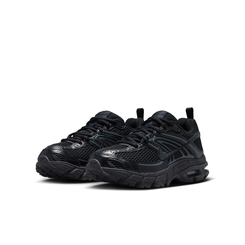 Youth black running sneakers, front 3/4 view with textured mesh upper