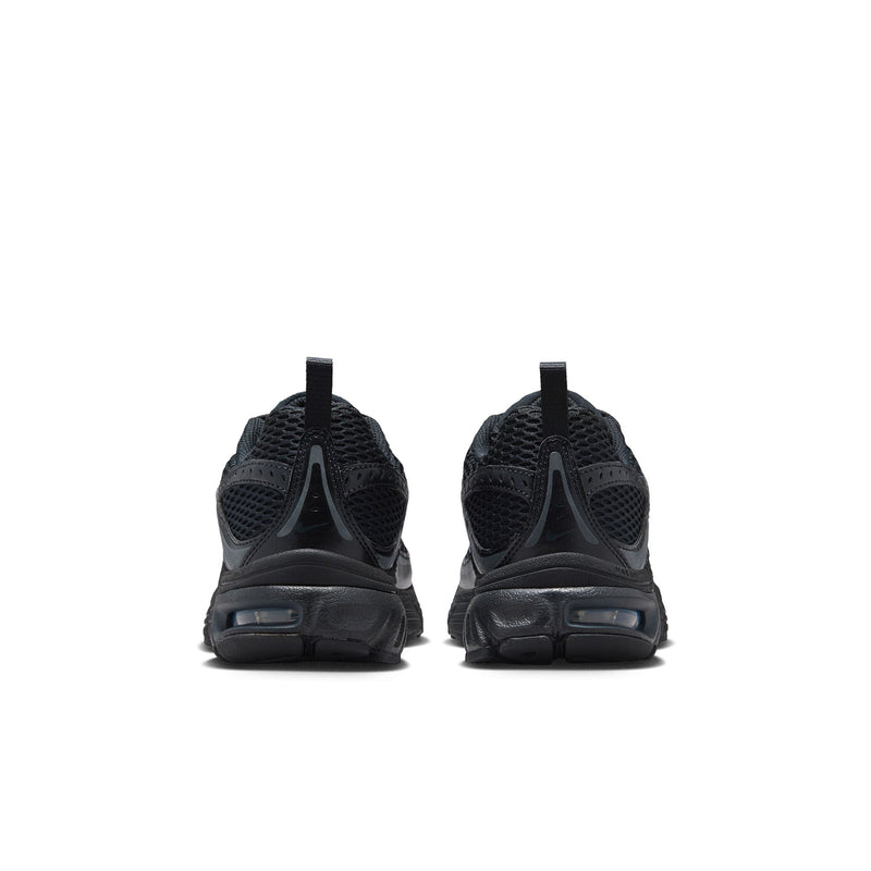 Youth black sneakers, back view with heel air-cushion details