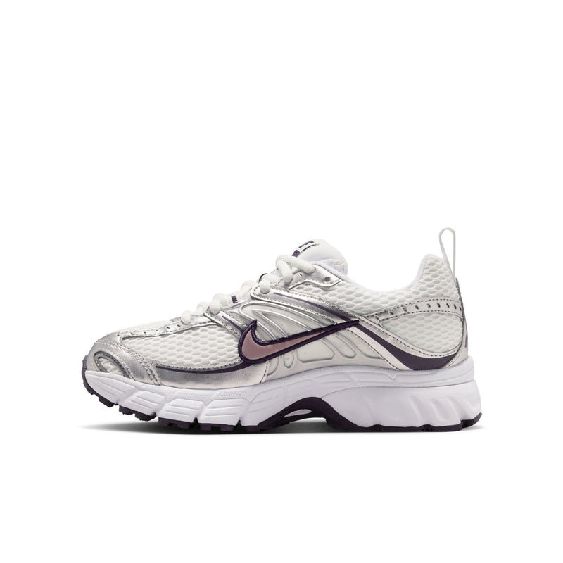 Youth white running shoe with textured upper, purple Swoosh, and molded cushioning midsole
