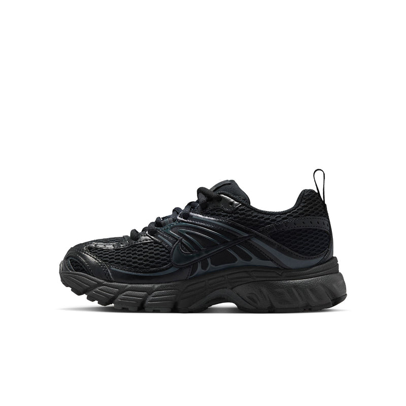 Youth black running sneakers, side 3/4 view with swoosh and padded collar