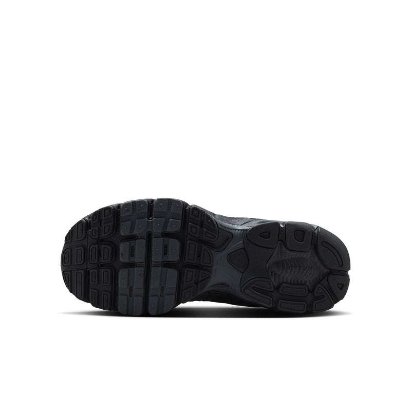 Youth black sneakers, rear and outsole tread view