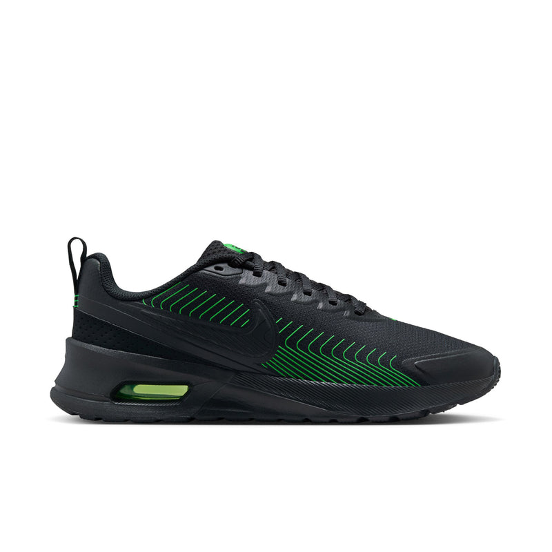 Men's black low-top running shoes with green stripe overlays and visible air unit